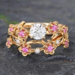 Round Cut Lab Diamond Bridal Ring Set Floral Pink Sapphire Accented