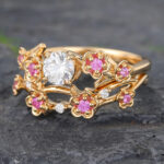 Round Cut Lab Diamond Bridal Ring Set Floral Pink Sapphire Accented