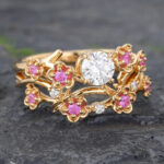 Round Cut Lab Diamond Bridal Ring Set Floral Pink Sapphire Accented