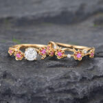 Round Cut Lab Diamond Bridal Ring Set Floral Pink Sapphire Accented