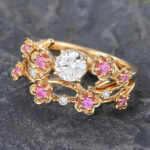 Round Cut Lab Diamond Bridal Ring Set Floral Pink Sapphire Accented