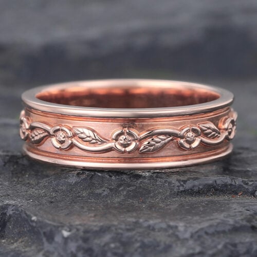 6MM Engraved Wedding Band for Men Solid Gold Nature Inspired Ring