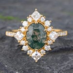 Vintage Moss Agate Halo Engagement Ring Beaded Art Deco Ring