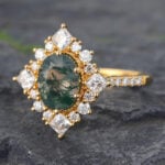 Vintage Moss Agate Halo Engagement Ring Beaded Art Deco Ring