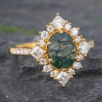Vintage Moss Agate Halo Engagement Ring Beaded Art Deco Ring