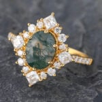 Vintage Moss Agate Halo Engagement Ring Beaded Art Deco Ring