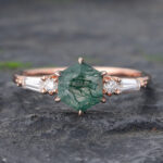 Claw Prongs Hexagon Cut Moss Agate Engagement Ring Rose Gold