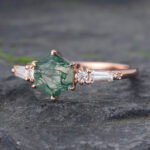 Claw Prongs Hexagon Cut Moss Agate Engagement Ring Rose Gold