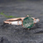 Claw Prongs Hexagon Cut Moss Agate Engagement Ring Rose Gold