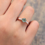 Claw Prongs Hexagon Cut Moss Agate Engagement Ring Rose Gold