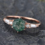 Claw Prongs Hexagon Cut Moss Agate Engagement Ring Rose Gold