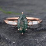 Marquise Cut Moss Agate & Diamond Engagement Ring Rose Gold