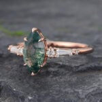 Marquise Cut Moss Agate & Diamond Engagement Ring Rose Gold