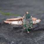 Marquise Cut Moss Agate & Diamond Engagement Ring Rose Gold