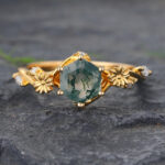 Hexagon Cut Moss Agate Split Shank Engagement Ring Floral Nature Inspired