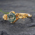 Hexagon Cut Moss Agate Split Shank Engagement Ring Floral Nature Inspired