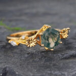 Hexagon Cut Moss Agate Split Shank Engagement Ring Floral Nature Inspired