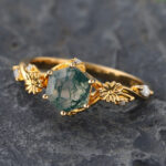 Hexagon Cut Moss Agate Split Shank Engagement Ring Floral Nature Inspired