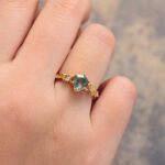 Hexagon Cut Moss Agate Split Shank Engagement Ring Floral Nature Inspired