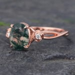 Floral Oval Cut Moss Agate Split Shank Engagement Ring