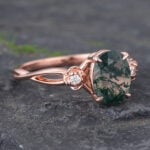Floral Oval Cut Moss Agate Split Shank Engagement Ring