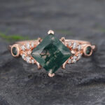Princess Cut Moss Agate Cluster Engagement Ring Rose Gold