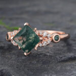 Princess Cut Moss Agate Cluster Engagement Ring Rose Gold