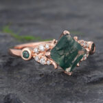 Princess Cut Moss Agate Cluster Engagement Ring Rose Gold