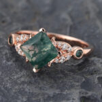 Princess Cut Moss Agate Cluster Engagement Ring Rose Gold