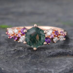 Hexagon Cut Moss Agate Engagement Ring Trio Side Stones Bridal Ring
