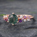 Hexagon Cut Moss Agate Engagement Ring Trio Side Stones Bridal Ring