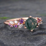 Hexagon Cut Moss Agate Engagement Ring Trio Side Stones Bridal Ring