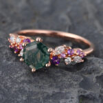 Hexagon Cut Moss Agate Engagement Ring Trio Side Stones Bridal Ring