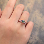 Hexagon Cut Moss Agate Engagement Ring Trio Side Stones Bridal Ring