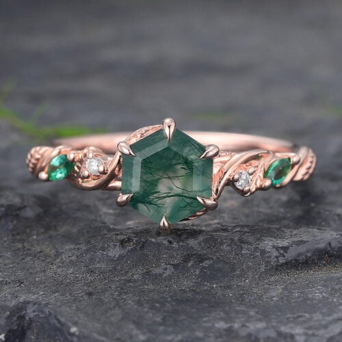 Hexagon Cut Moss Agate Engagement Ring with Emerald & Diamond Accented