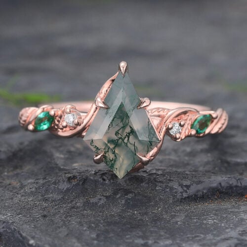Kite Cut Moss Agate Engagement Ring with Emerald & Diamond Accented