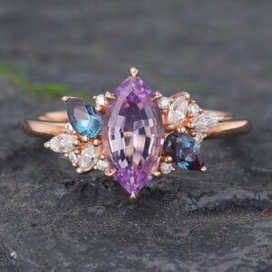 Vintage Lab Pink Sapphire Cluster Engagement Ring Alexandrite Side Stone Ring