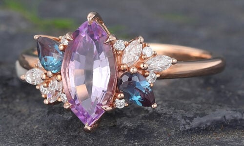 Lab Pink Sapphire Cluster Engagement Ring Alexandrite Side Stone Ring (2) Lab Pink Sapphire Cluster Engagement Ring Alexandrite Side Stone Ring (2)