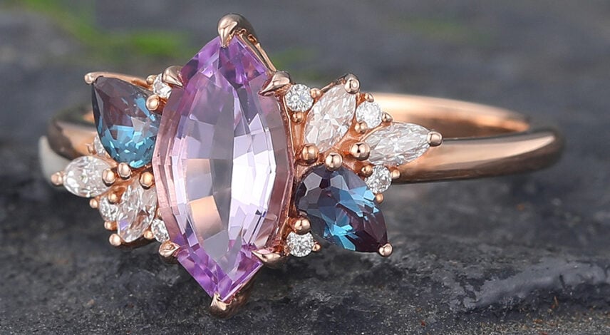Lab Pink Sapphire Cluster Engagement Ring Alexandrite Side Stone Ring (2) Lab Pink Sapphire Cluster Engagement Ring Alexandrite Side Stone Ring (2)