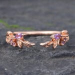 Rose Gold Amethyst Open Wedding Band Leaf Nature Inspired Ring