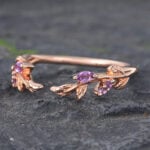 Rose Gold Amethyst Open Wedding Band Leaf Nature Inspired Ring