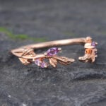 Rose Gold Amethyst Open Wedding Band Leaf Nature Inspired Ring