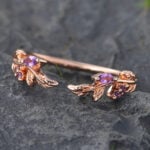Rose Gold Amethyst Open Wedding Band Leaf Nature Inspired Ring