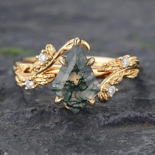 Leaf & Vine Claw Prongs Kite Cut Moss Agate Engagement Ring