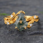 Leaf & Vine Claw Prongs Kite Cut Moss Agate Engagement Ring