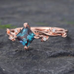 Princess Cut Alexandrite Nature Inspired Engagement Ring Rose Gold