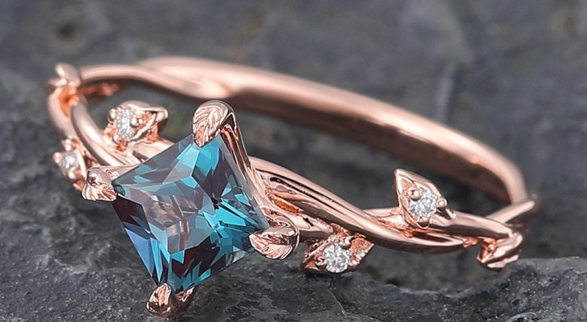Princess Cut Alexandrite Nature Inspired Engagement Ring Rose Gold