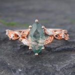 Marquise Cut Moss Agate Split Shank Engagement Ring Rose Gold