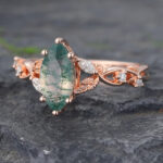 Marquise Cut Moss Agate Split Shank Engagement Ring Rose Gold