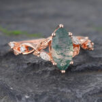 Marquise Cut Moss Agate Split Shank Engagement Ring Rose Gold